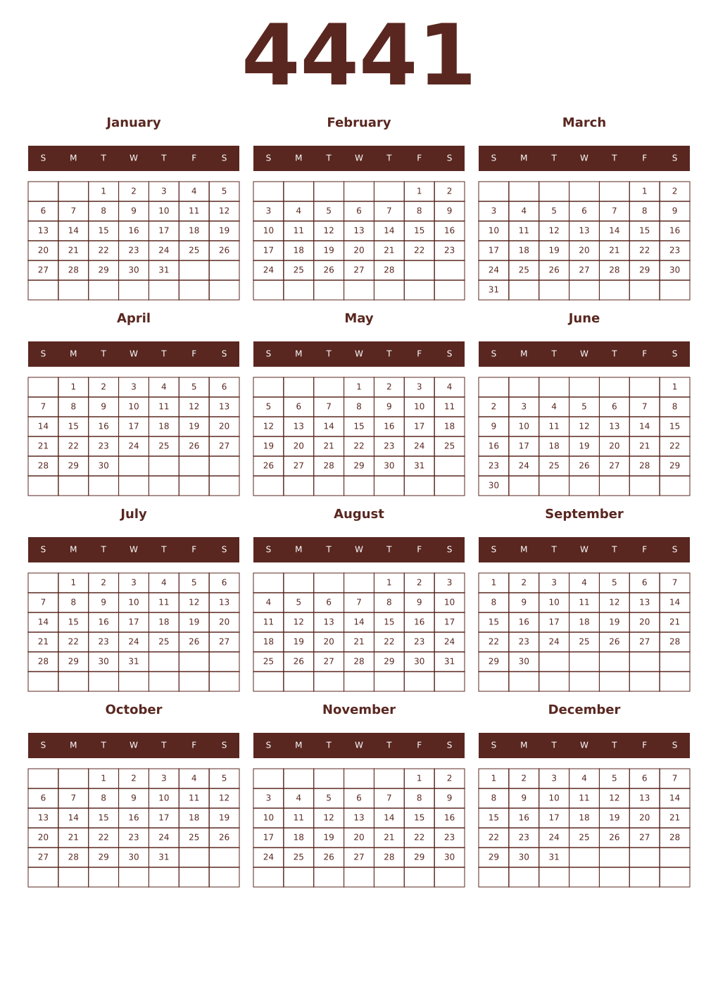 Printable 4441 Year Calendars mortuum
