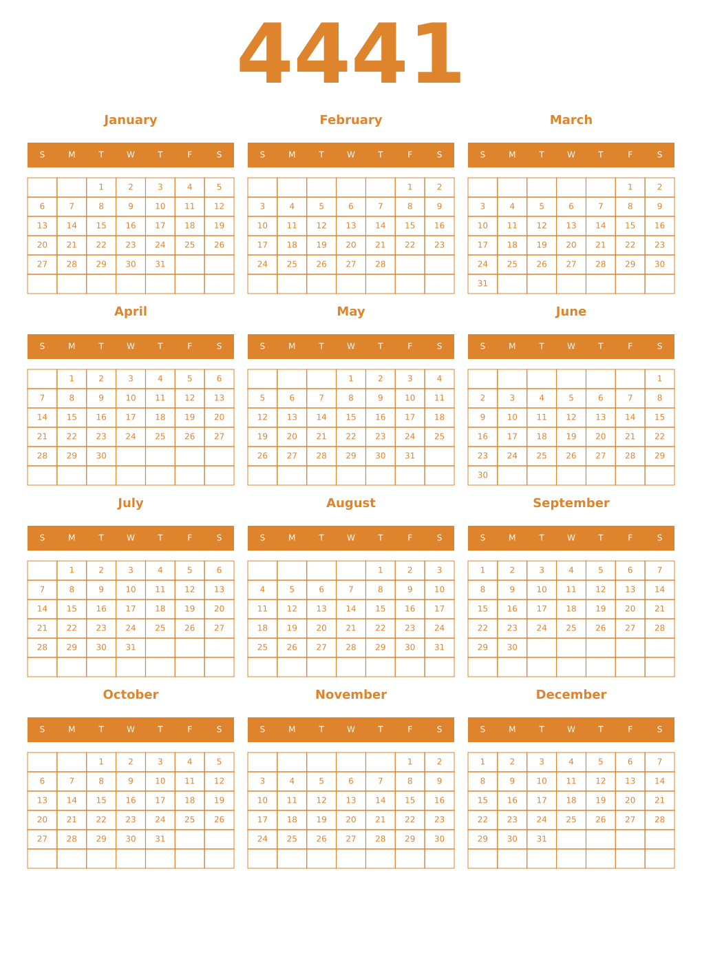 Printable 4441 Year Calendars orange