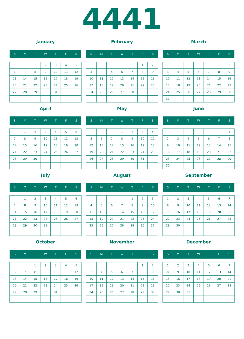 Printable 4441 Year Calendars pastel