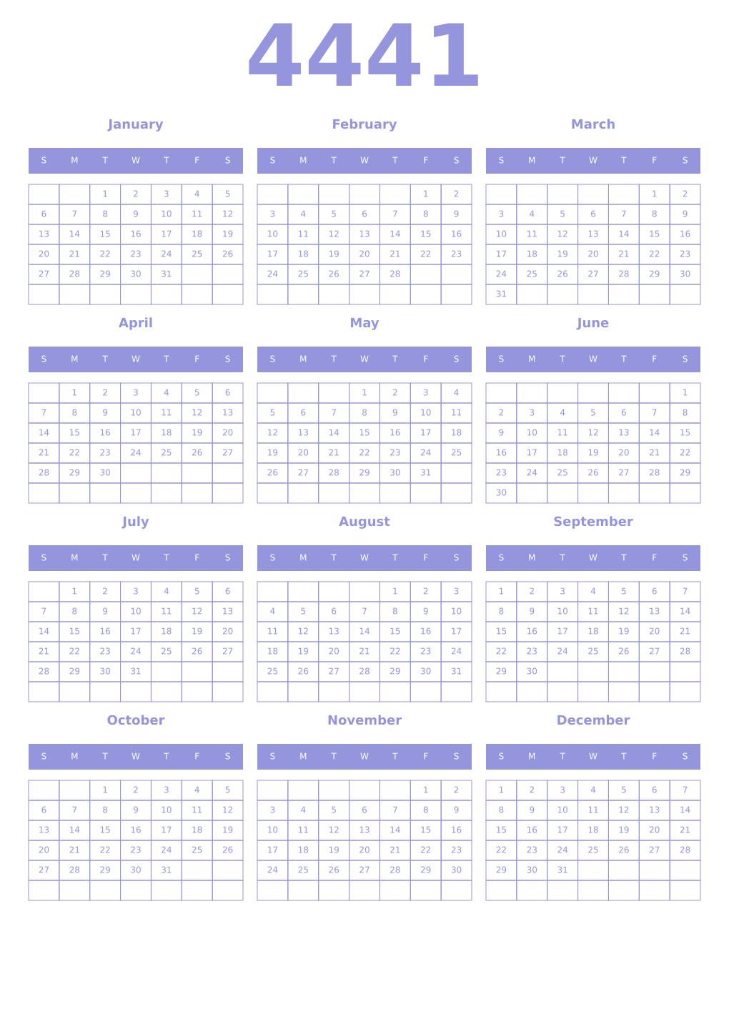 Printable 4441 Year Calendars periwinkle