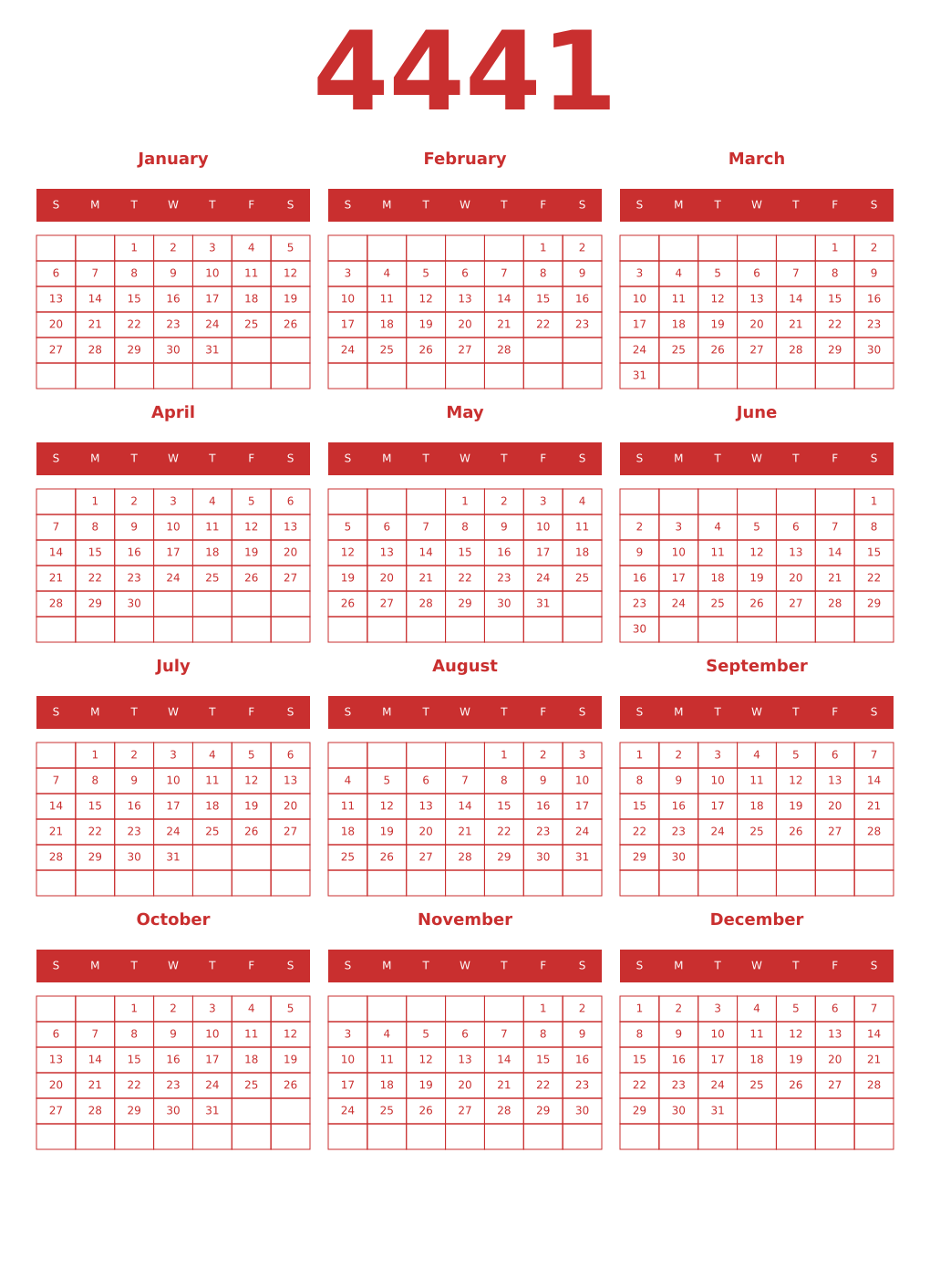 Printable 4441 Year Calendars red