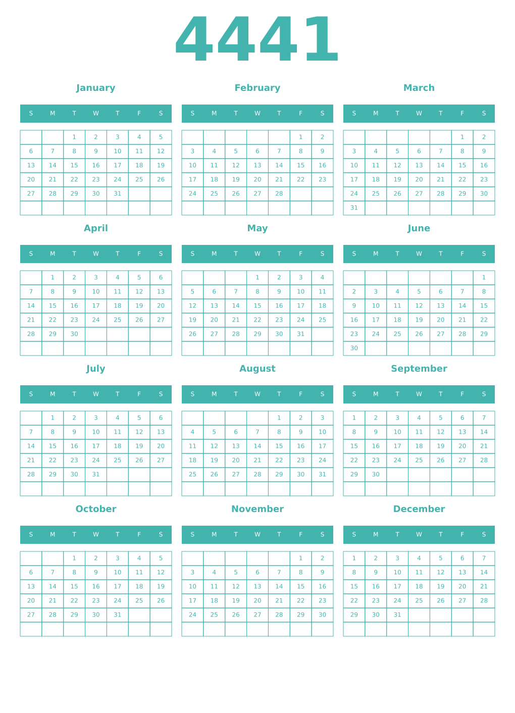 Printable 4441 Year Calendars verdigris