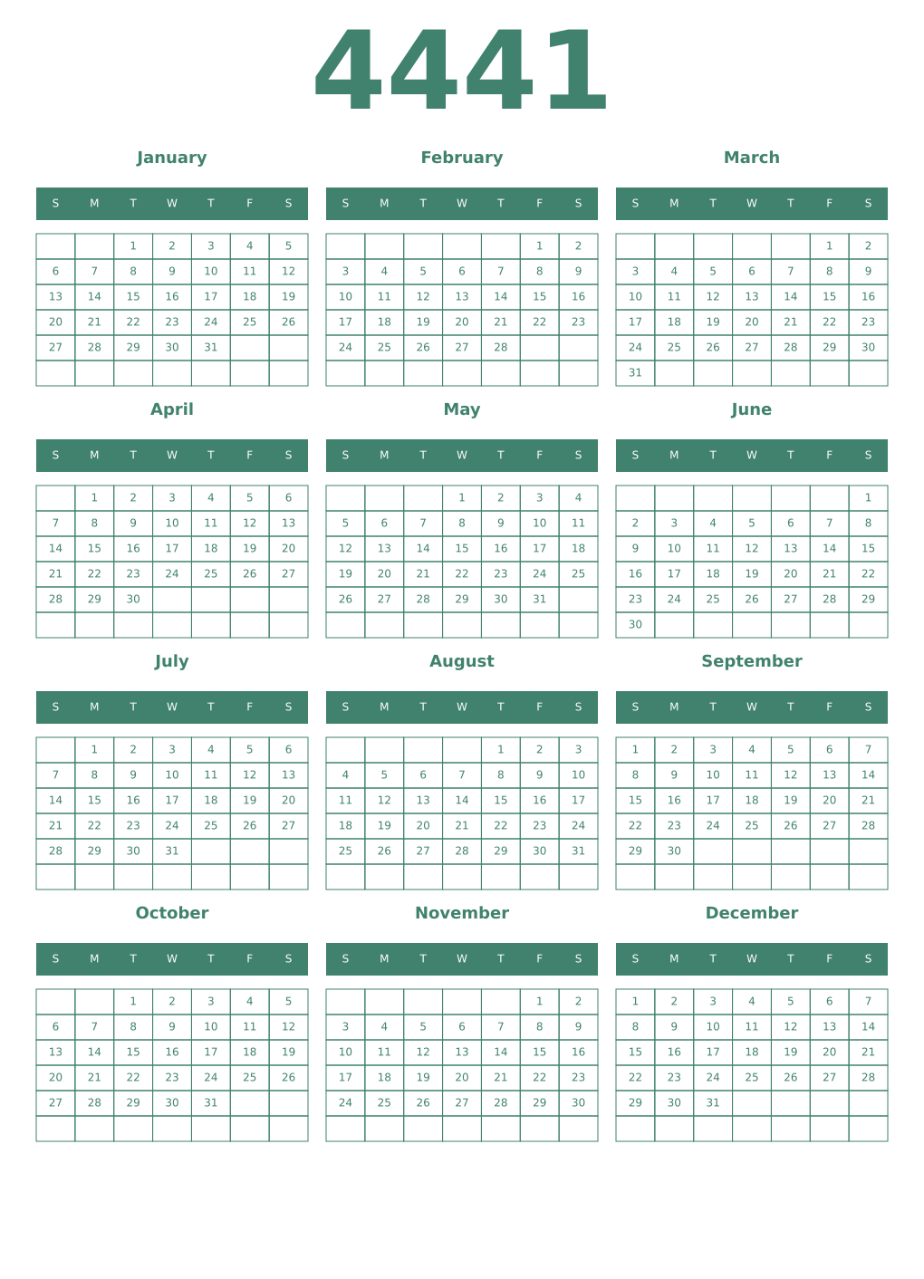 Printable 4441 Year Calendars viridian