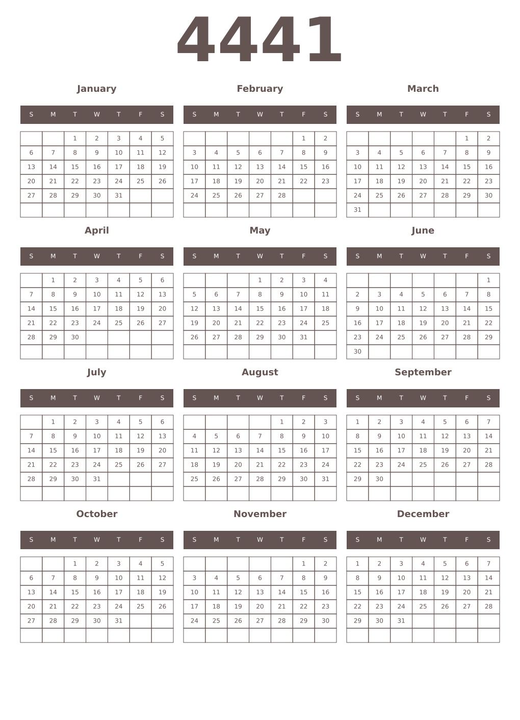 Printable 4441 Year Calendars wenge