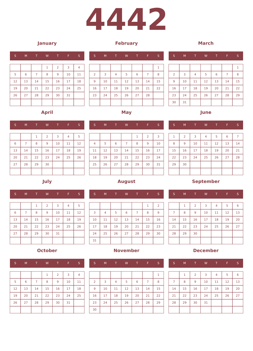 Printable 4442 Year Calendars cordovan