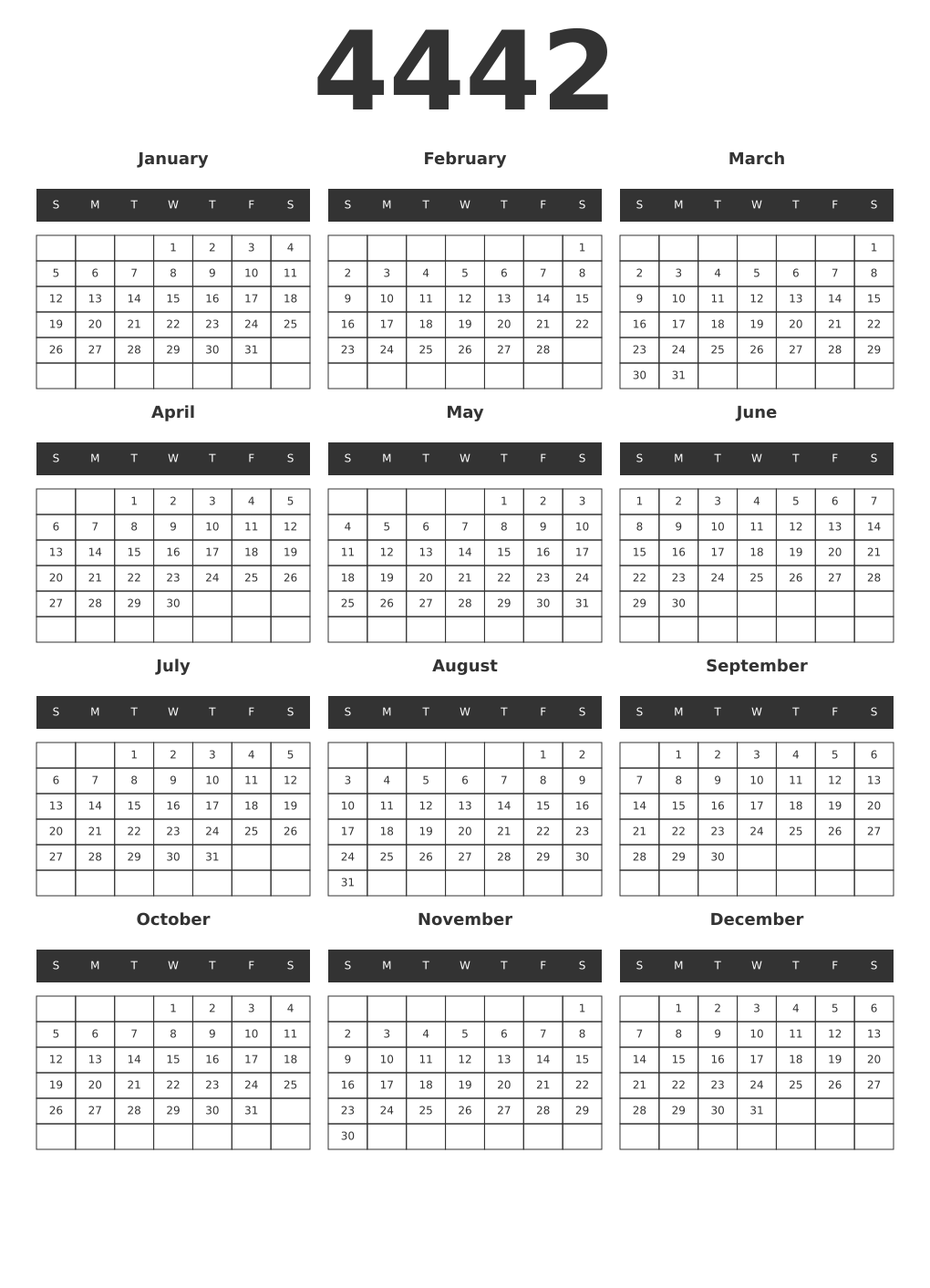 Printable 4442 Year Calendars dark