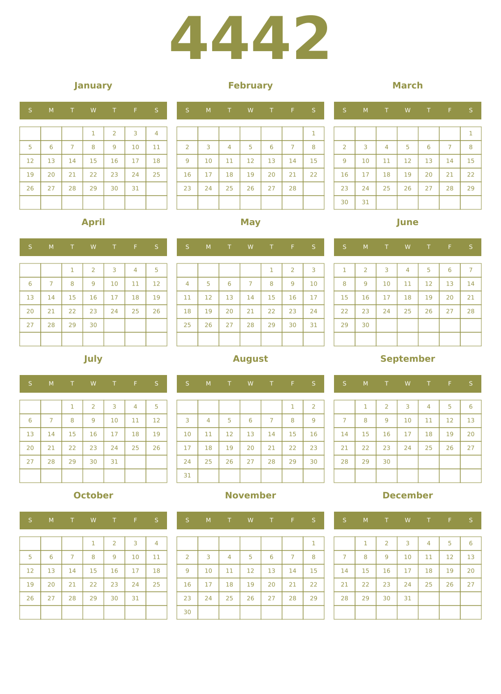 Printable 4442 Year Calendars eburnean