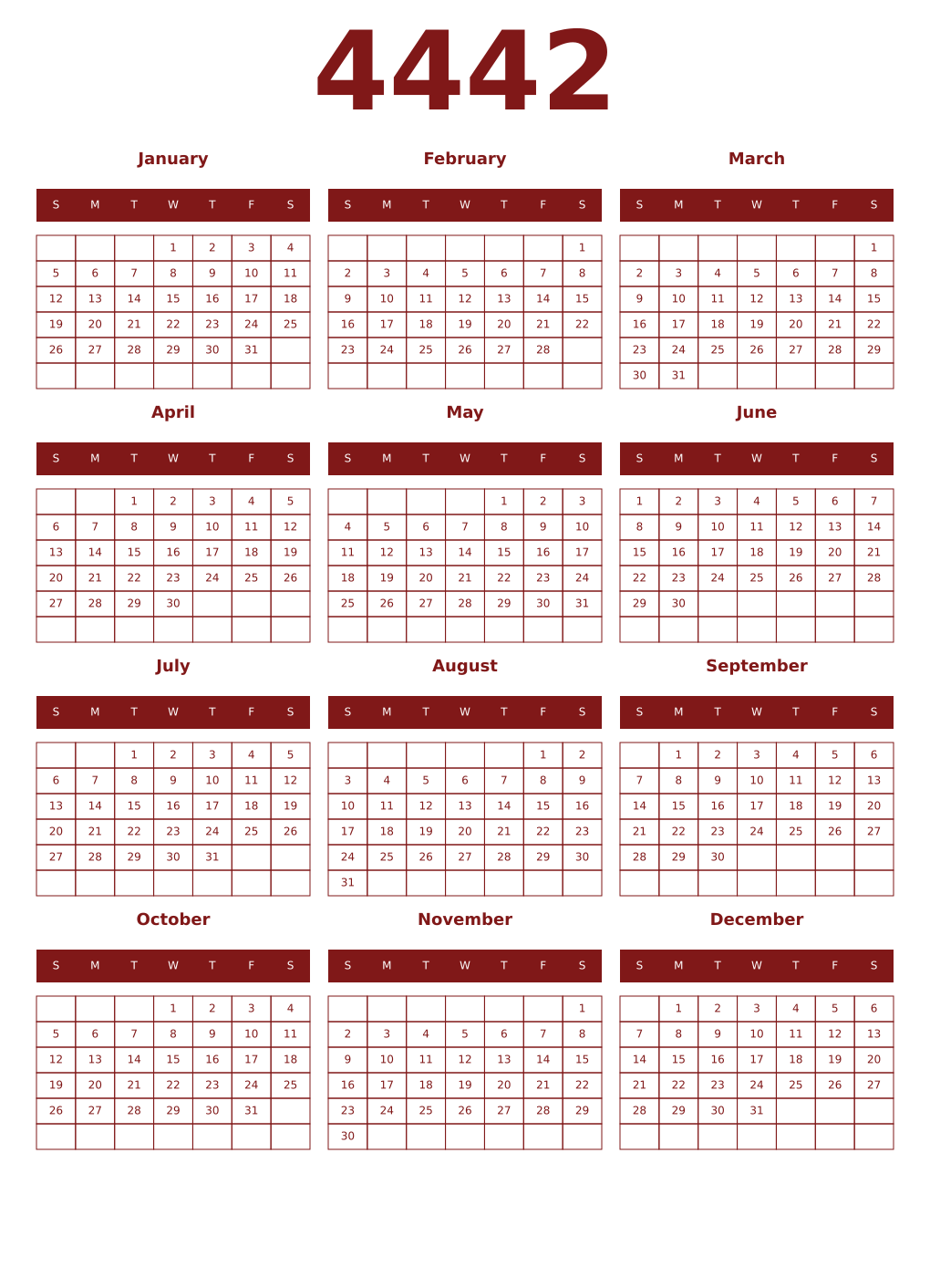 Printable 4442 Year Calendars falu