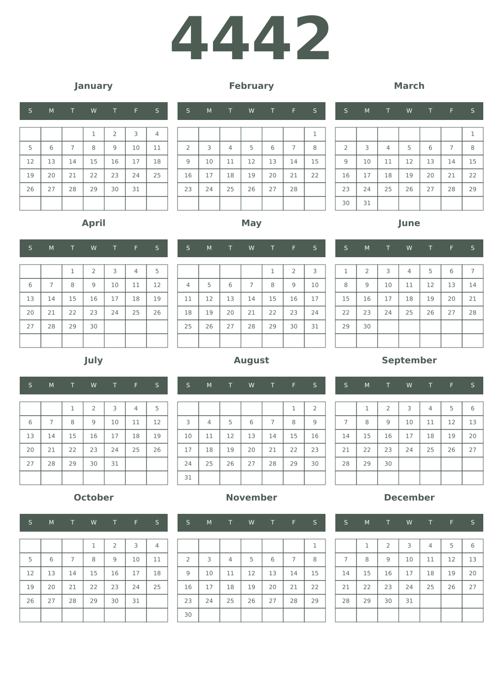 Printable 4442 Year Calendars feldgrau