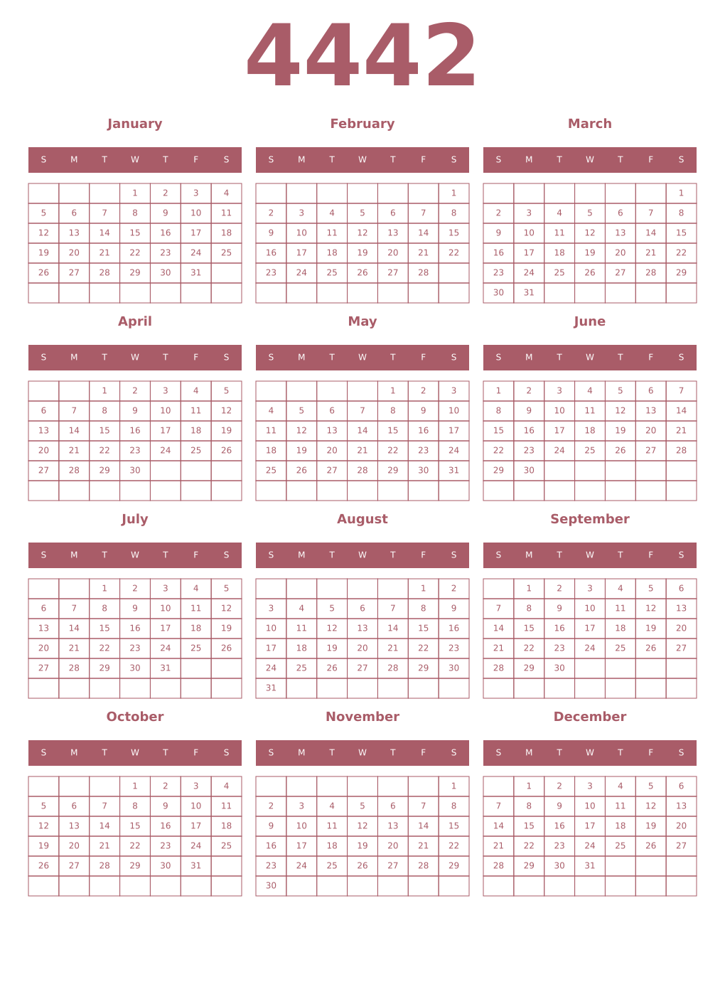 Printable 4442 Year Calendars puce