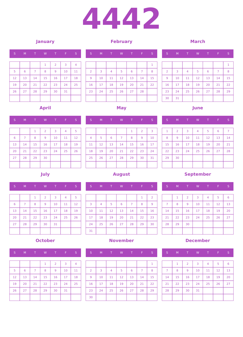 Printable 4442 Year Calendars purple