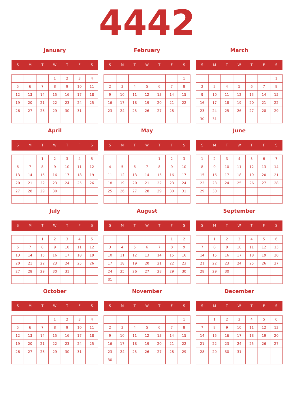Printable 4442 Year Calendars red