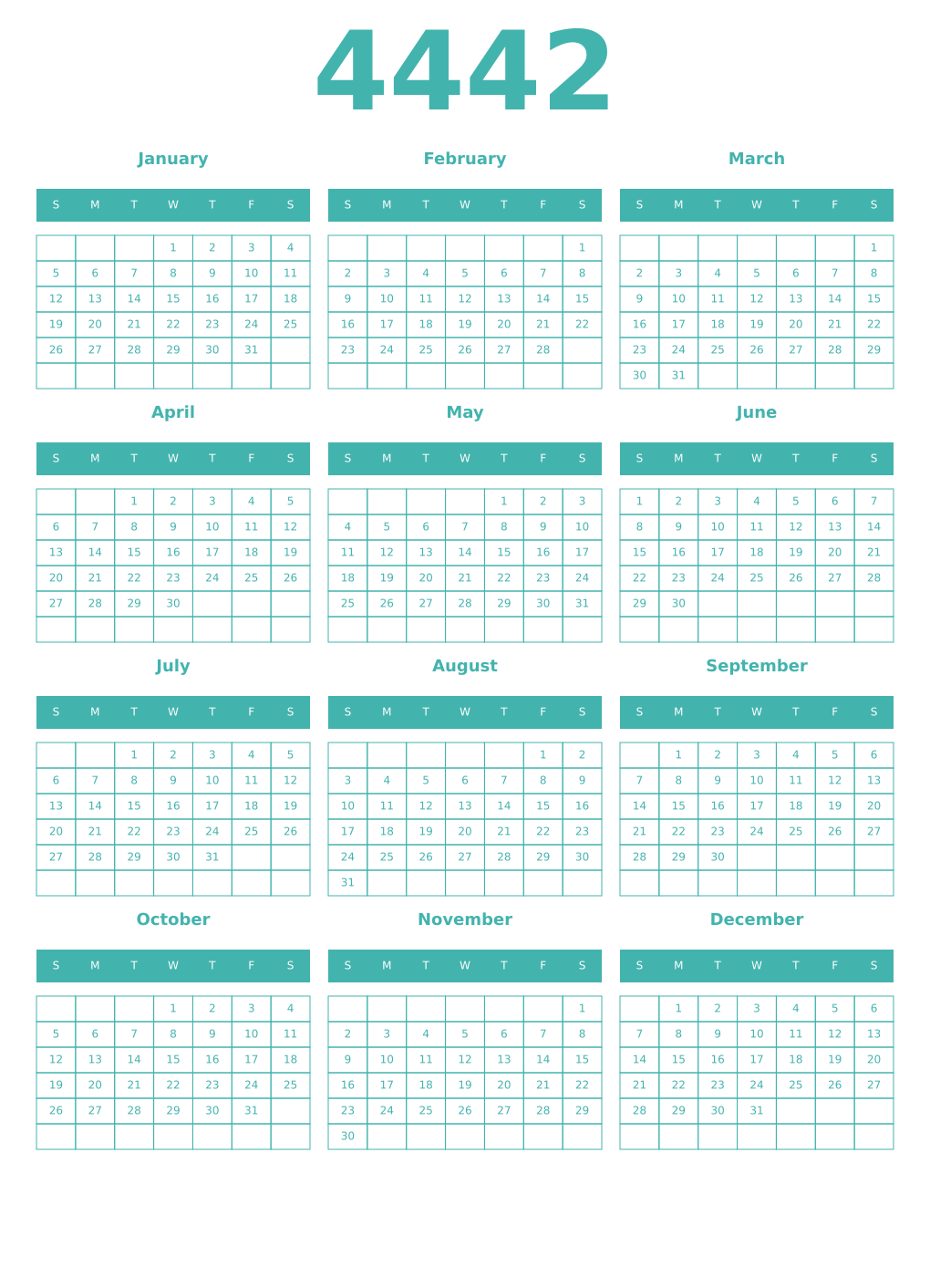Printable 4442 Year Calendars verdigris
