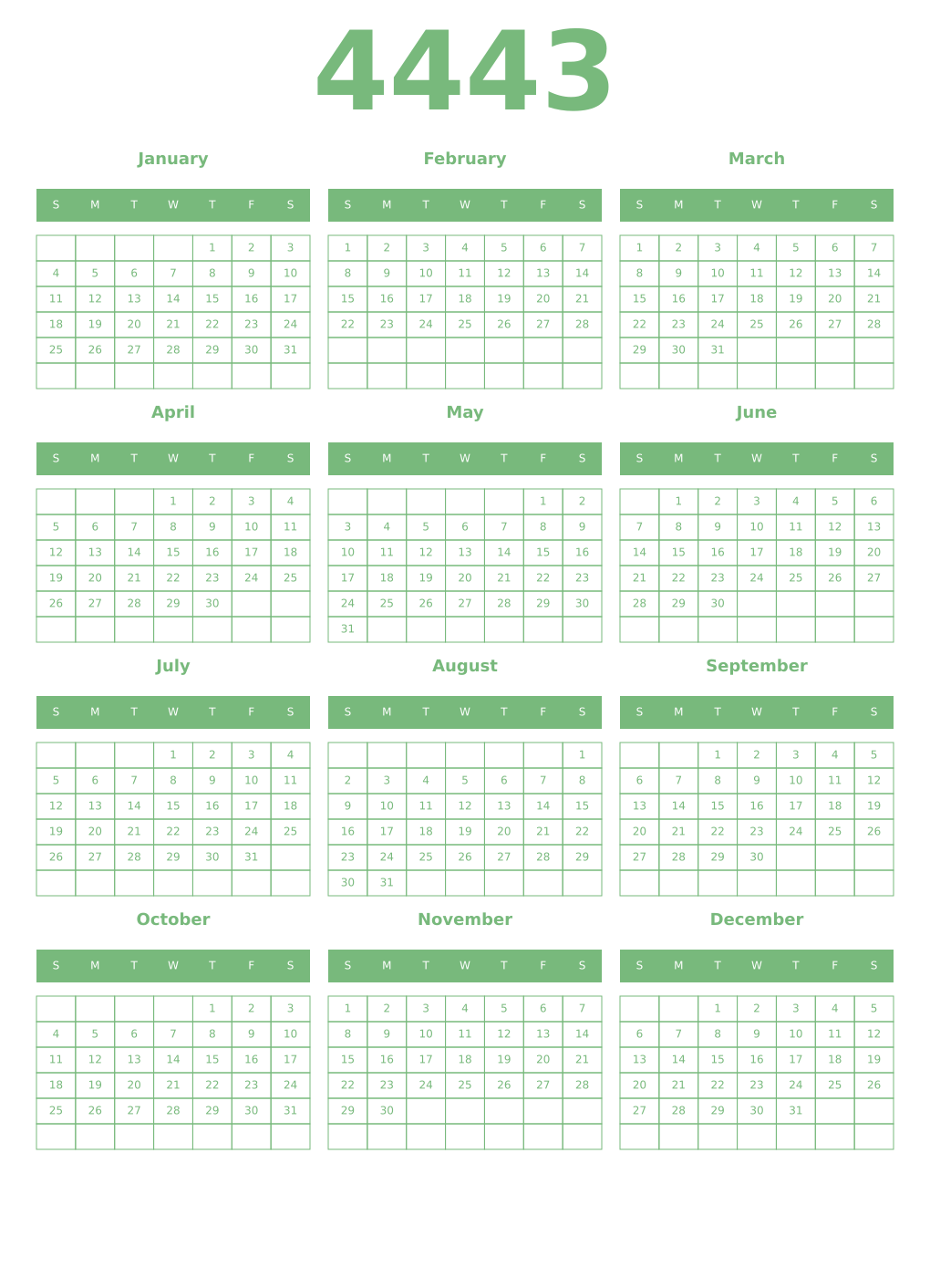 Printable 4443 Year Calendars celadon