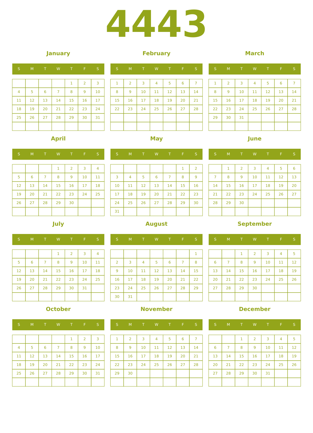 Printable 4443 Year Calendars chartreuse