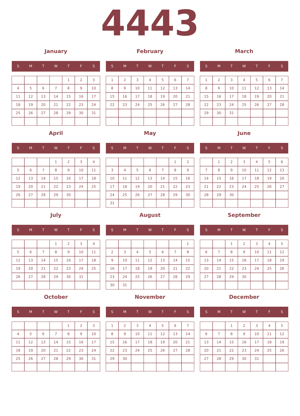 Printable 4443 Year Calendars cordovan
