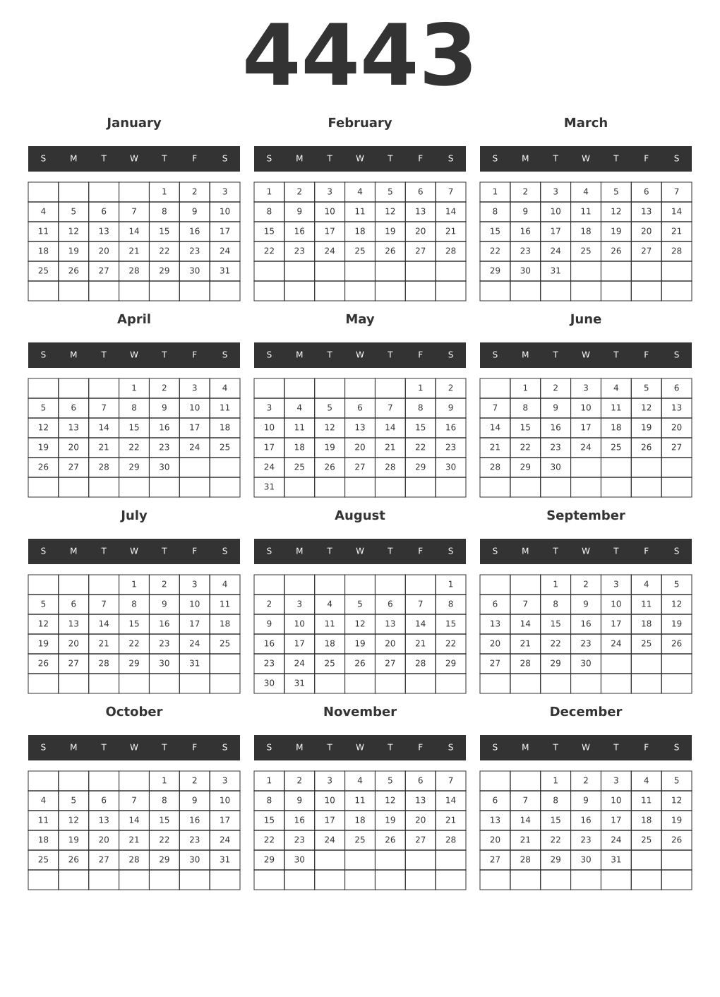 Printable 4443 Year Calendars dark