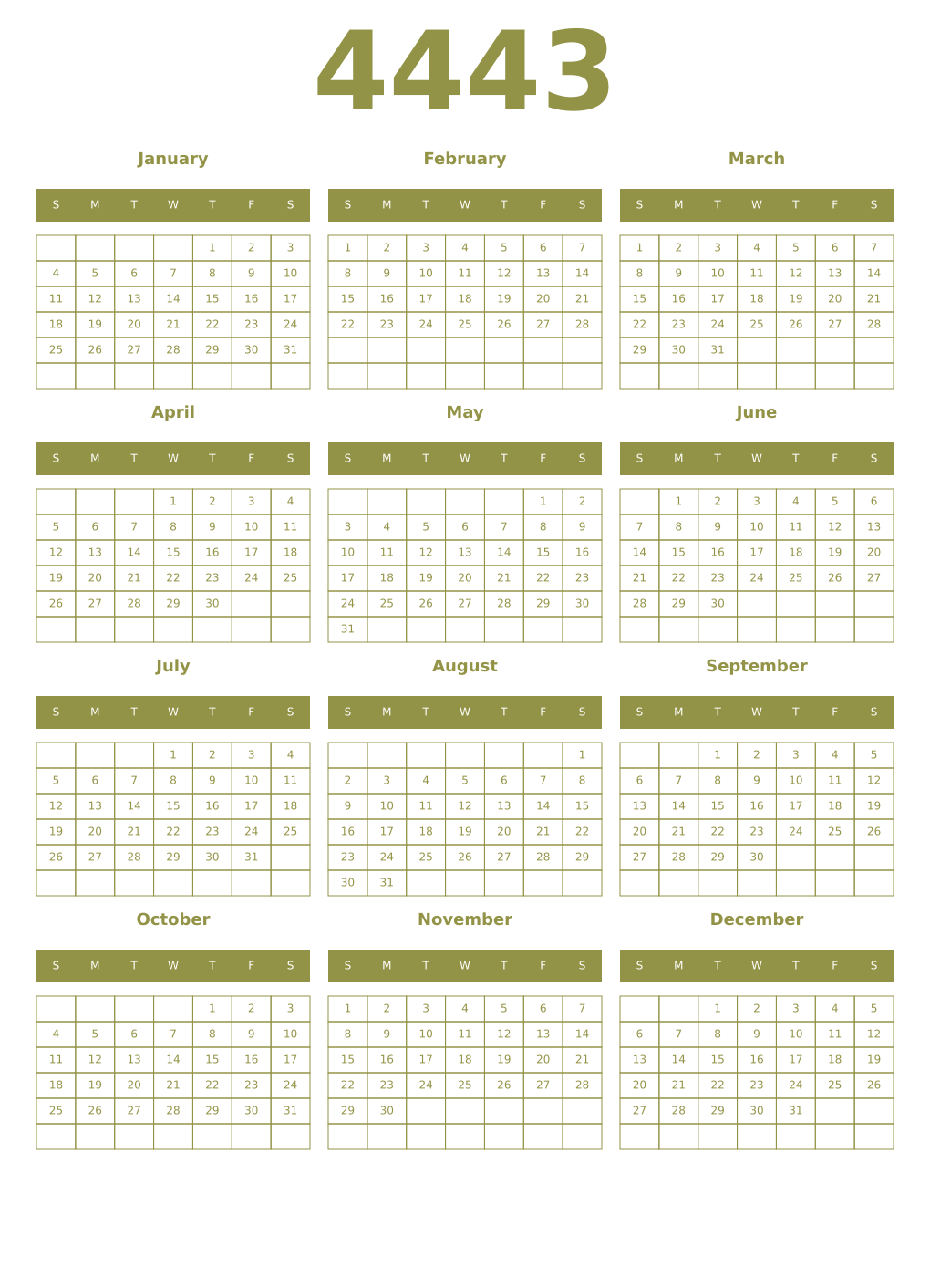 Printable 4443 Year Calendars eburnean