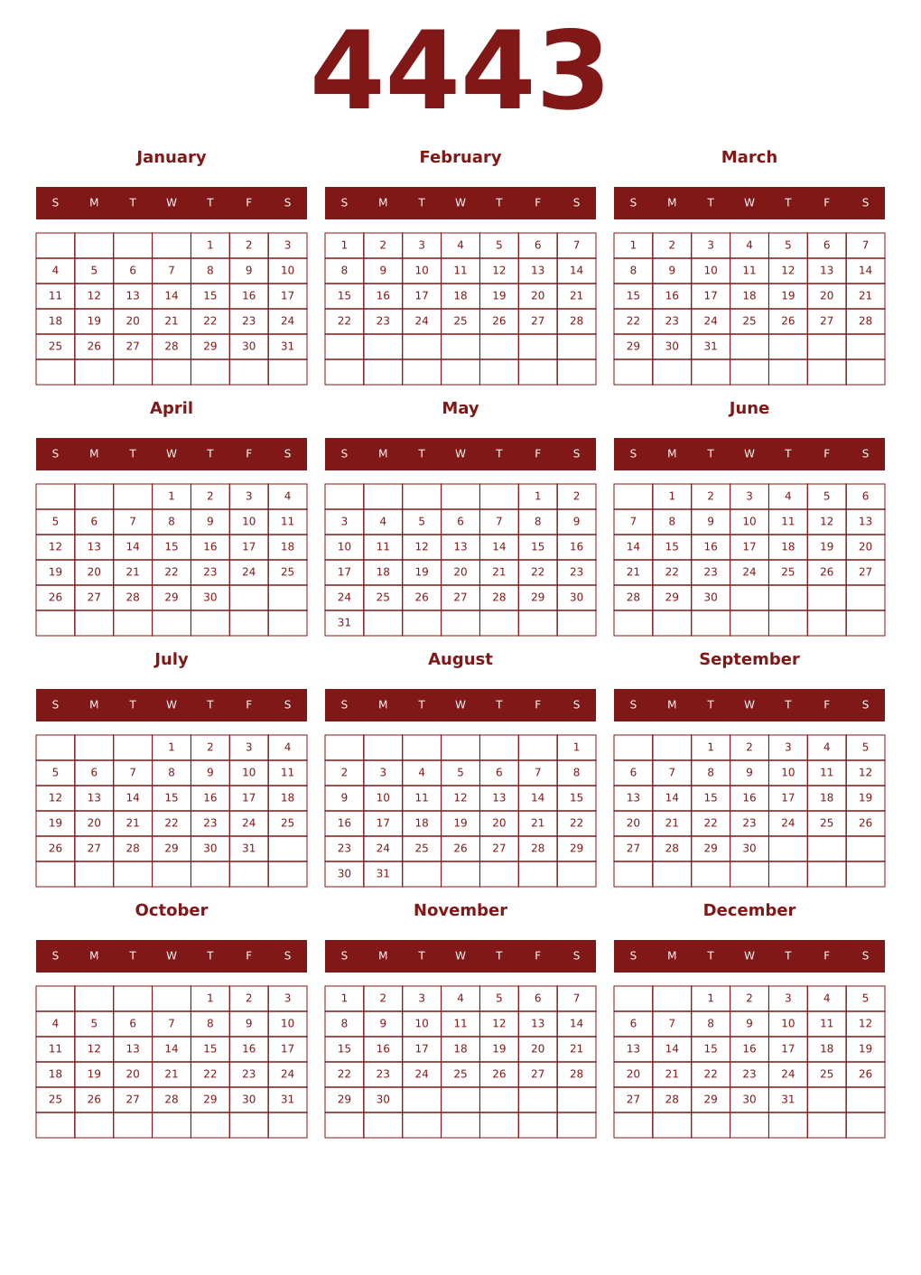 Printable 4443 Year Calendars falu