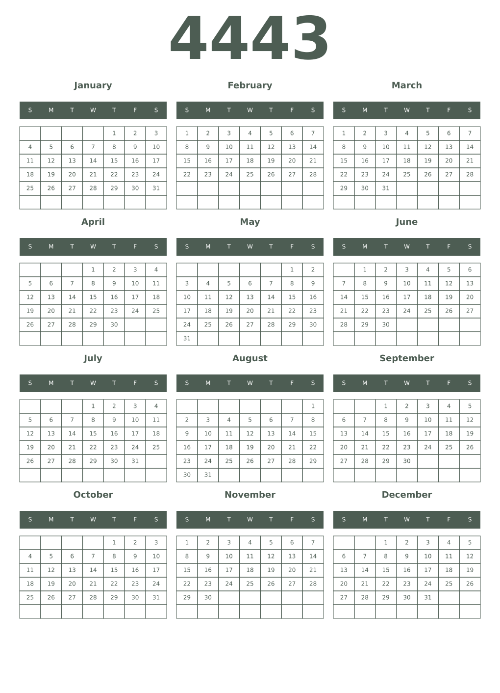 Printable 4443 Year Calendars feldgrau
