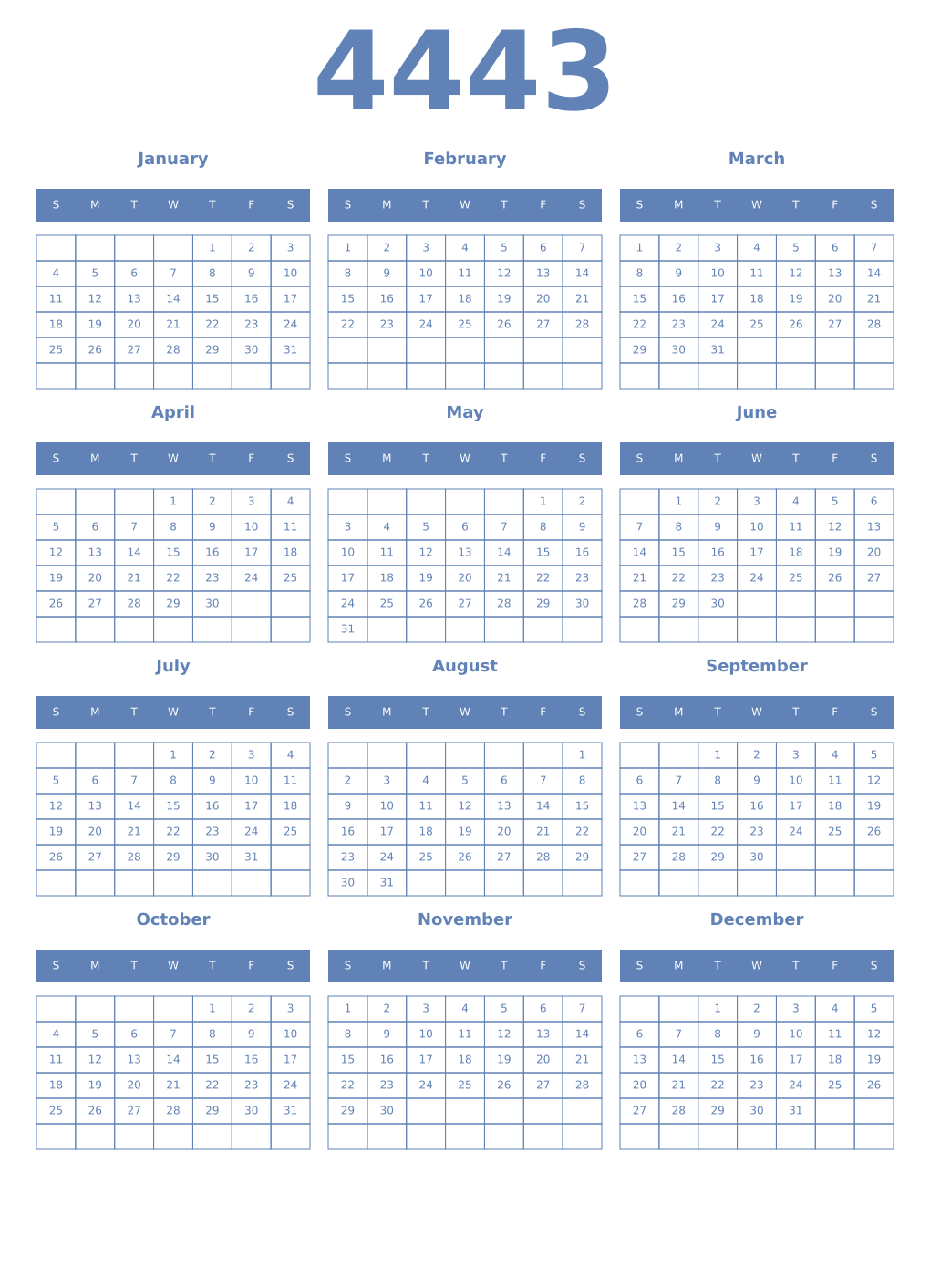Printable 4443 Year Calendars glaucous