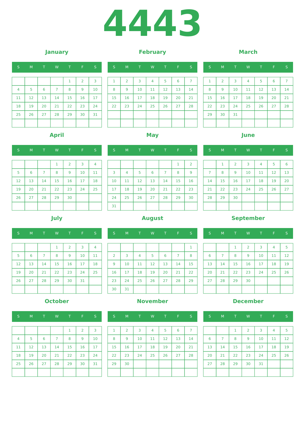 Printable 4443 Year Calendars green