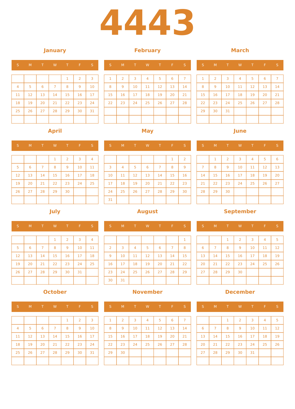 Printable 4443 Year Calendars orange