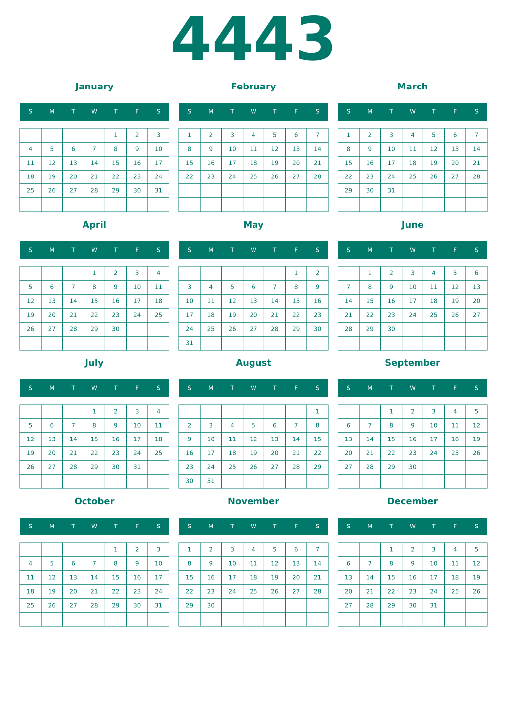 Printable 4443 Year Calendars pastel