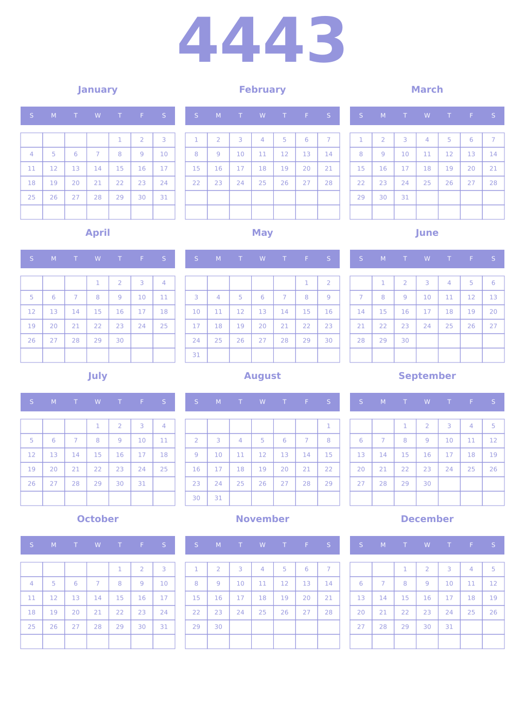 Printable 4443 Year Calendars periwinkle