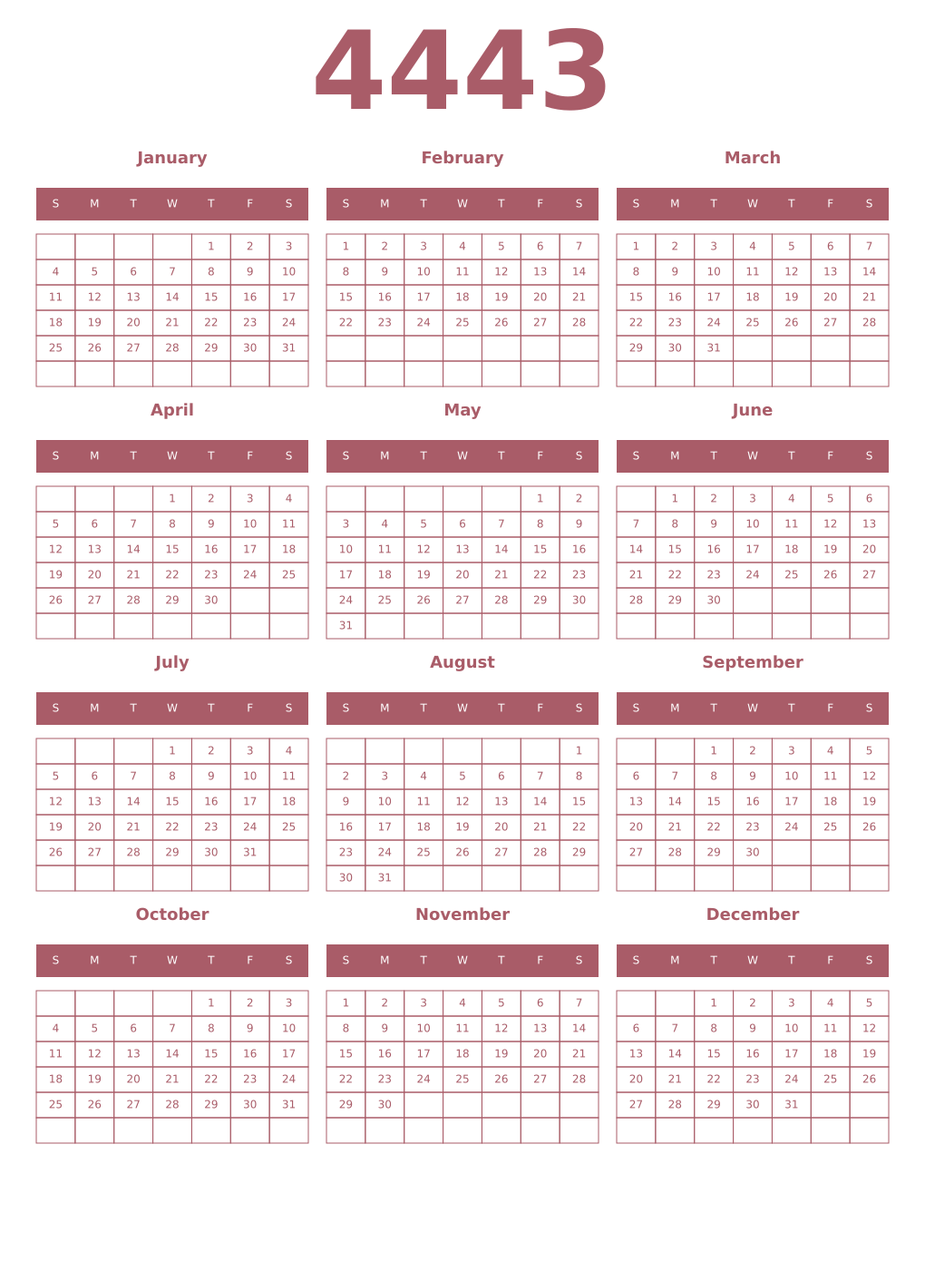 Printable 4443 Year Calendars puce