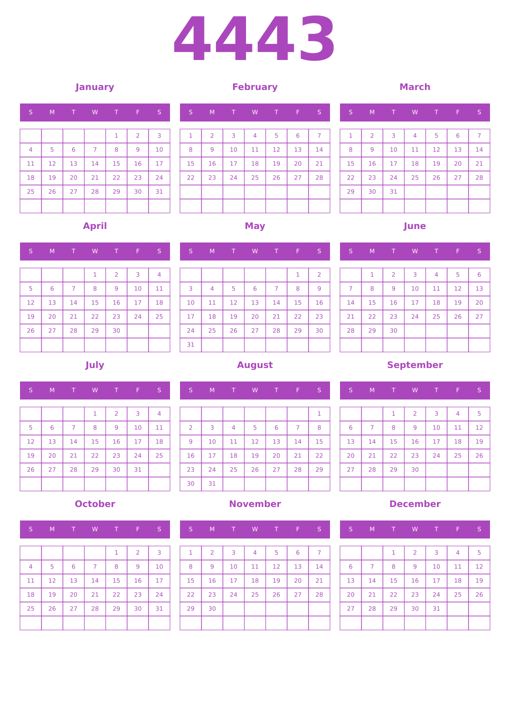 Printable 4443 Year Calendars purple