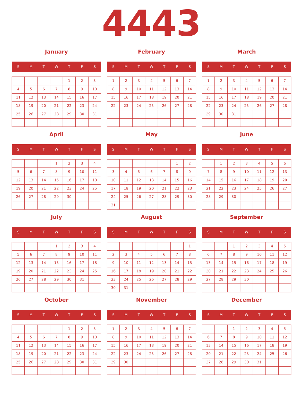 Printable 4443 Year Calendars red
