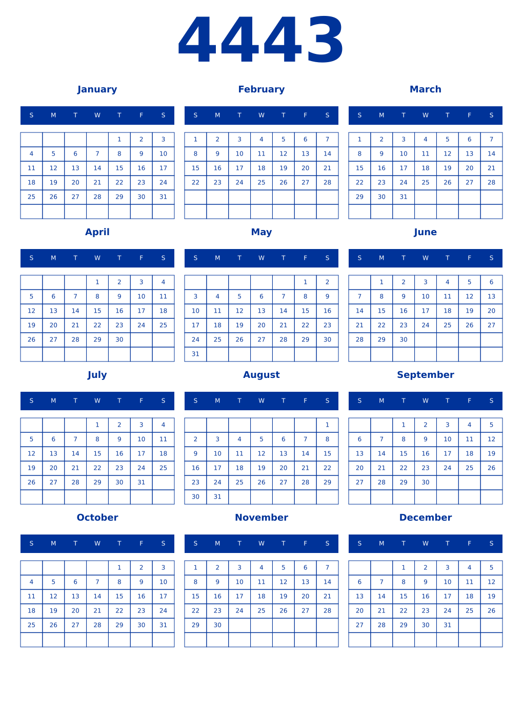 Printable 4443 Year Calendars smalt