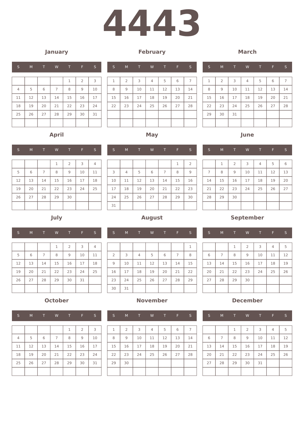 Printable 4443 Year Calendars wenge