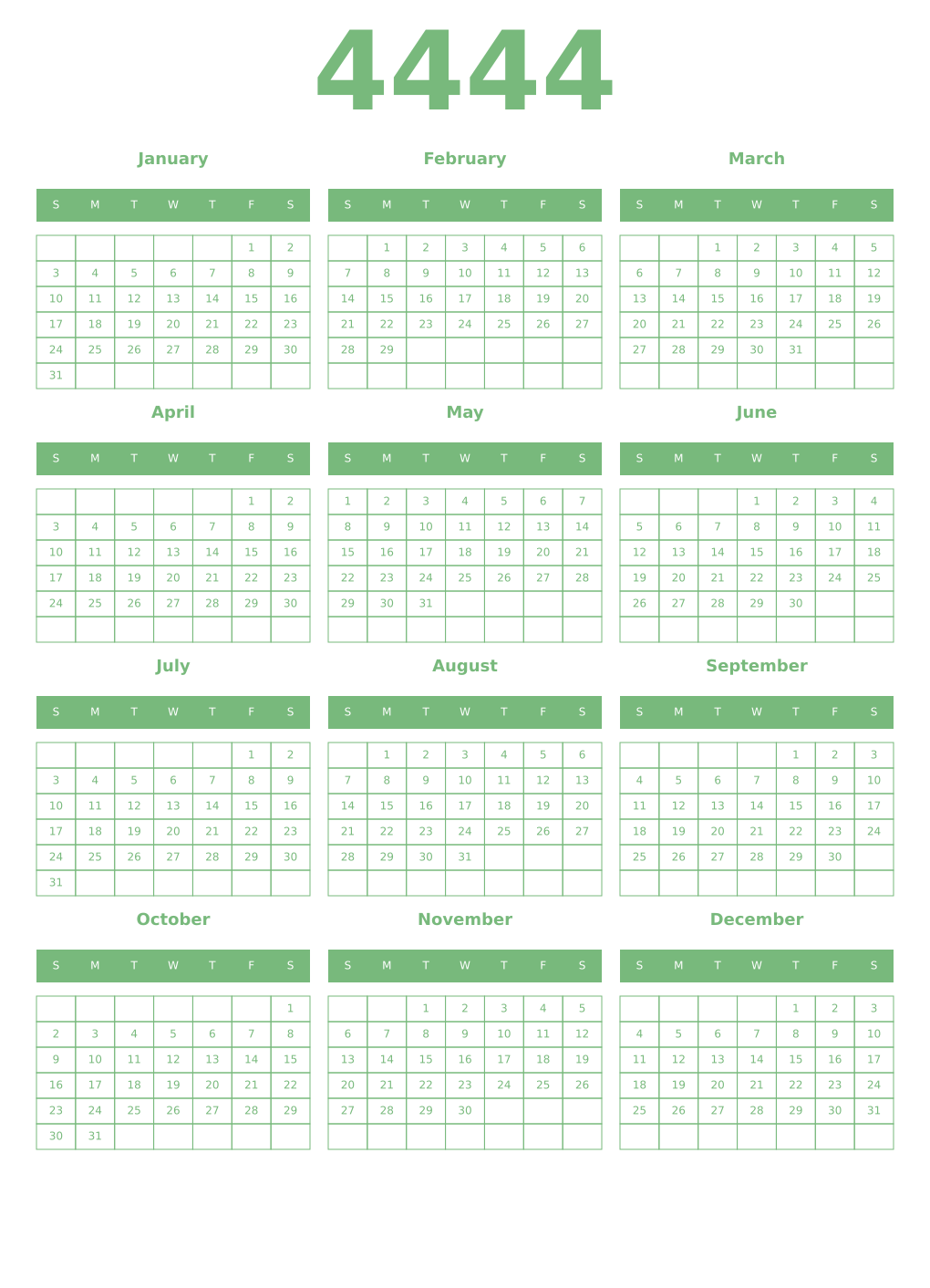 Printable 4444 Year Calendars celadon