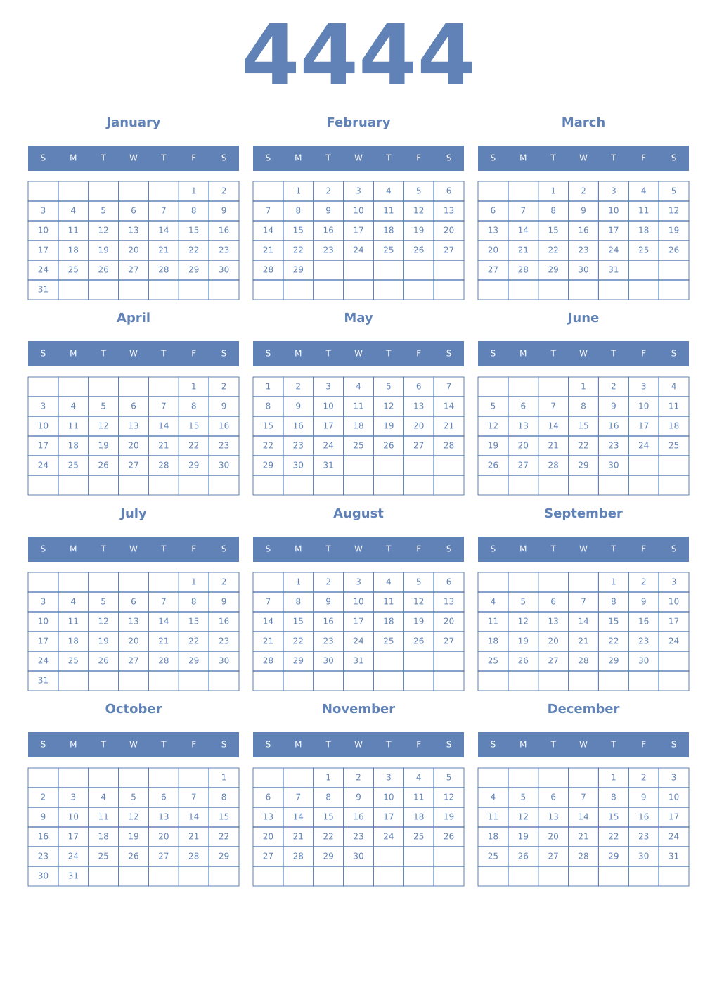 Printable 4444 Year Calendars glaucous