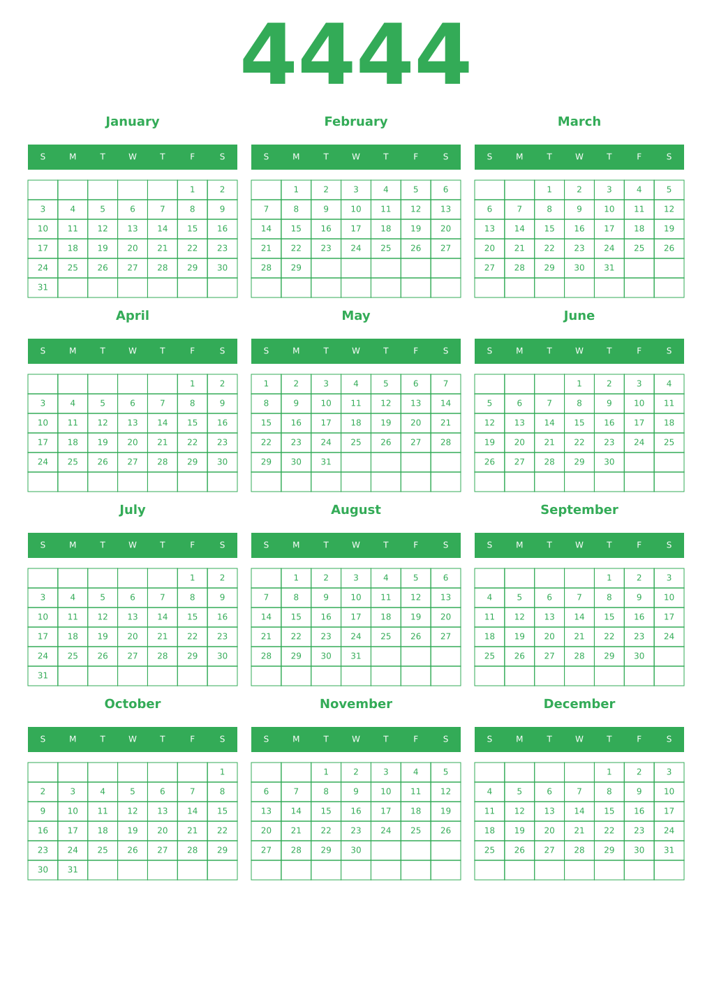 Printable 4444 Year Calendars green
