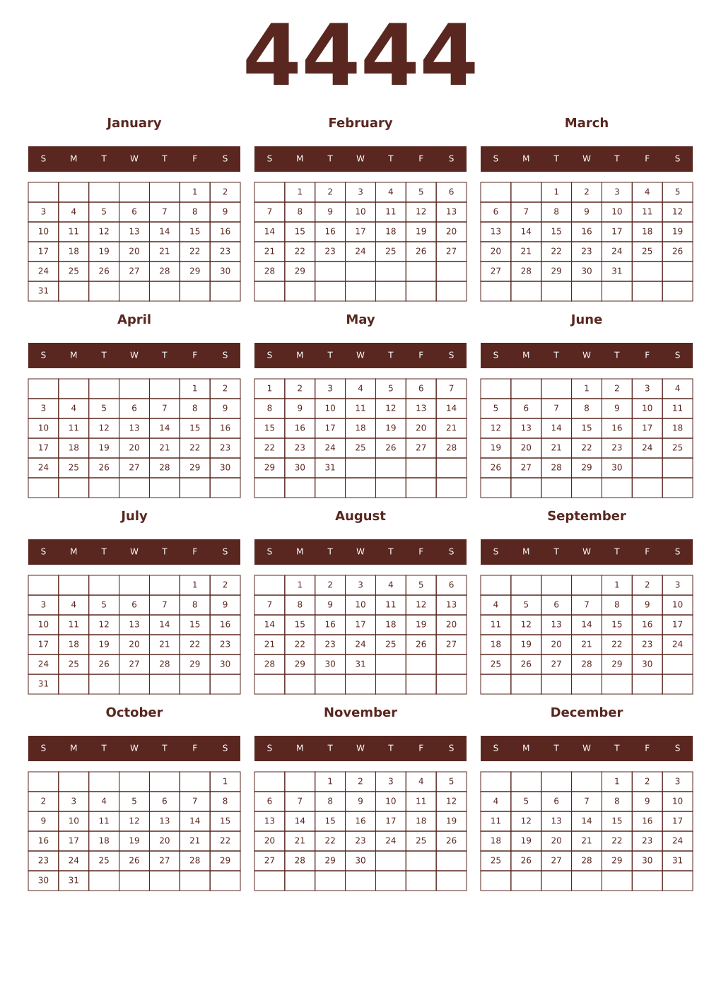 Printable 4444 Year Calendars mortuum