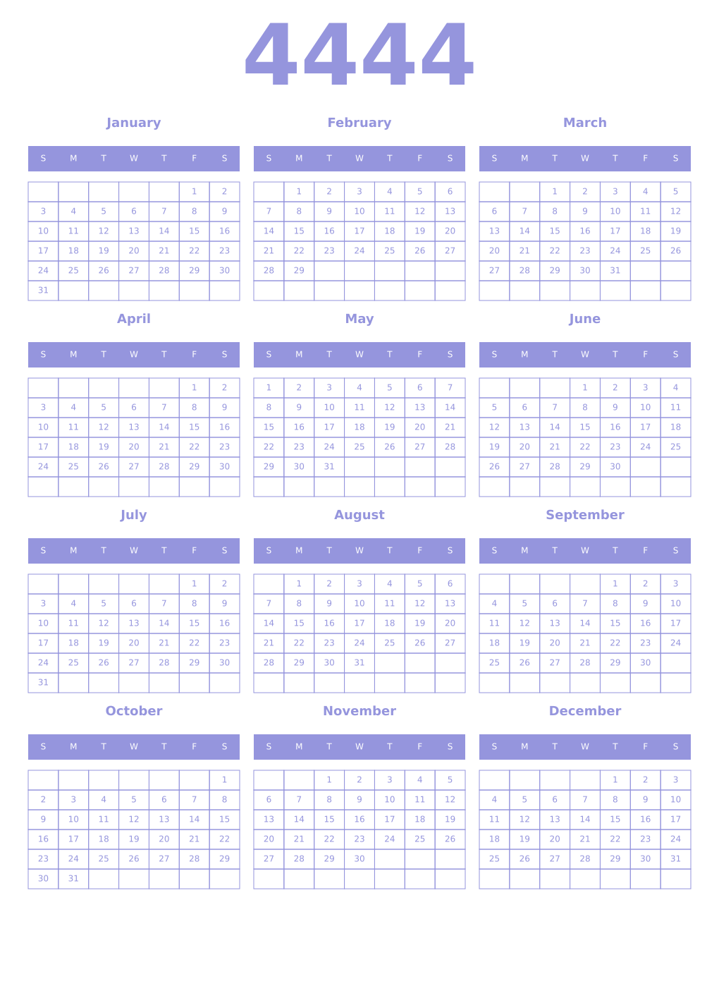 Printable 4444 Year Calendars periwinkle