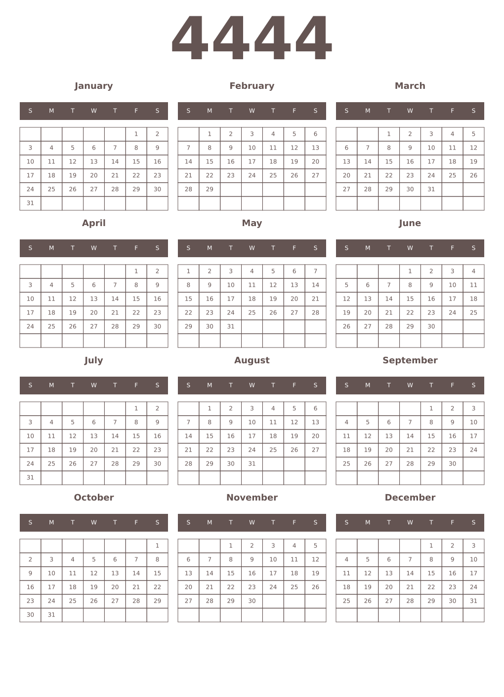 Printable 4444 Year Calendars wenge