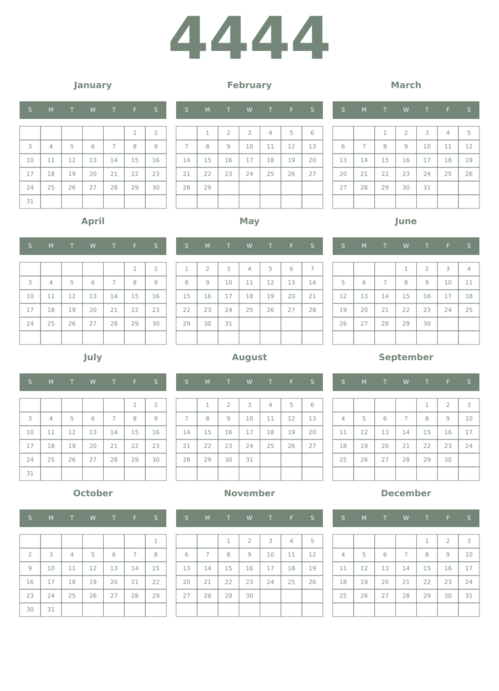 Printable 4444 Year Calendars xanadu