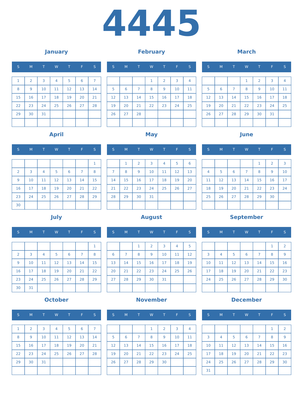 Printable 4445 Year Calendars blue
