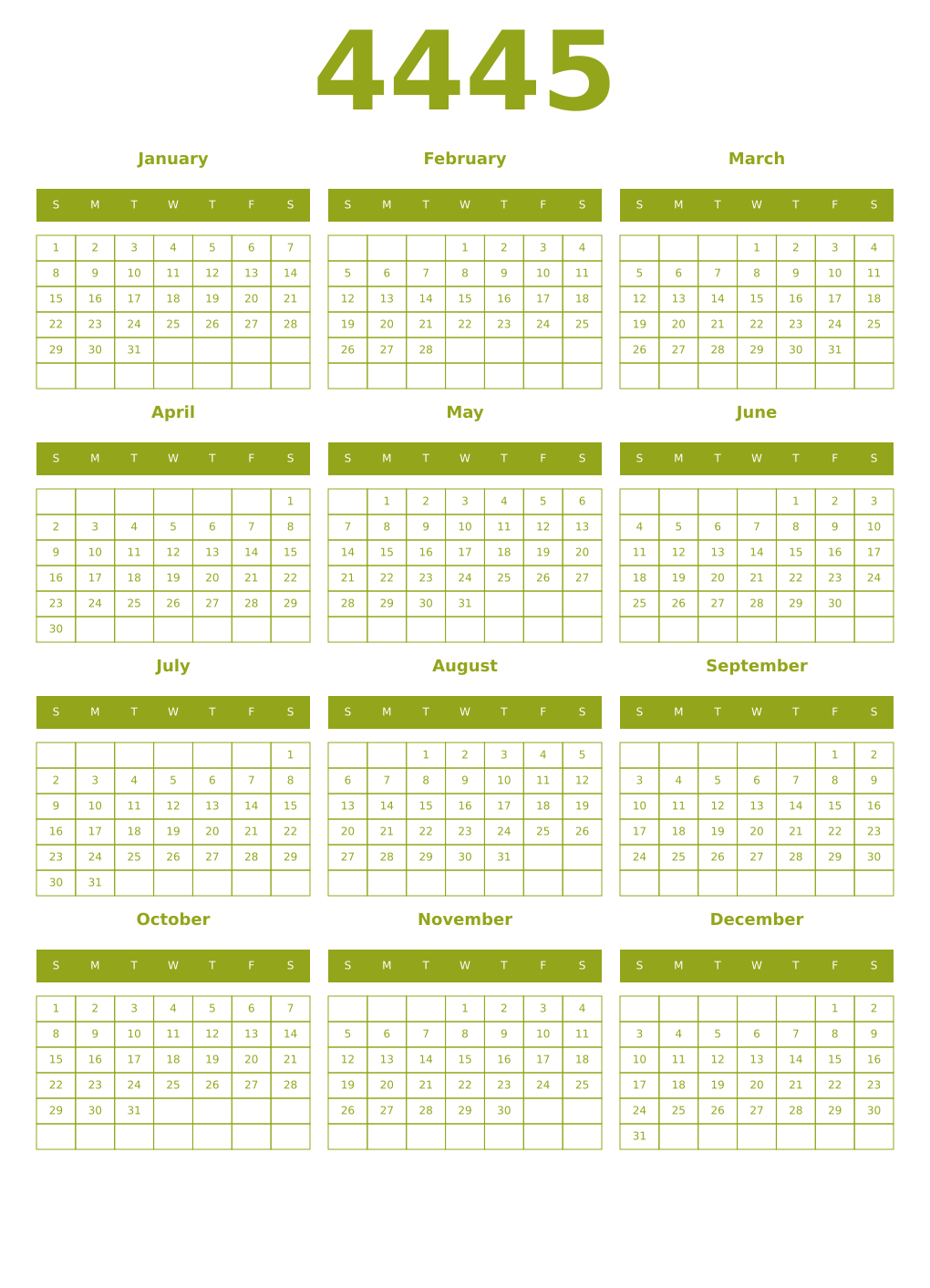 Printable 4445 Year Calendars chartreuse
