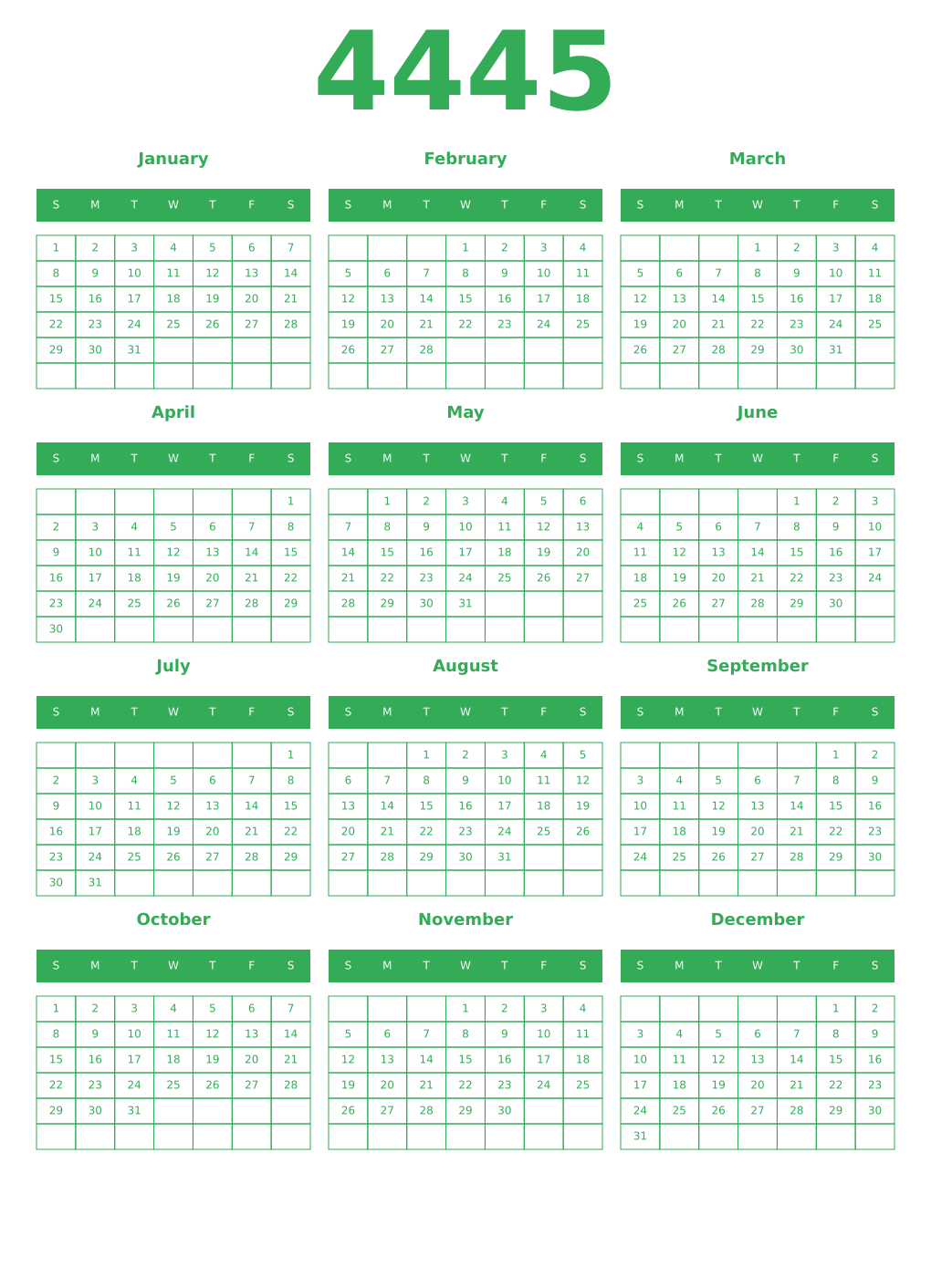 Printable 4445 Year Calendars green