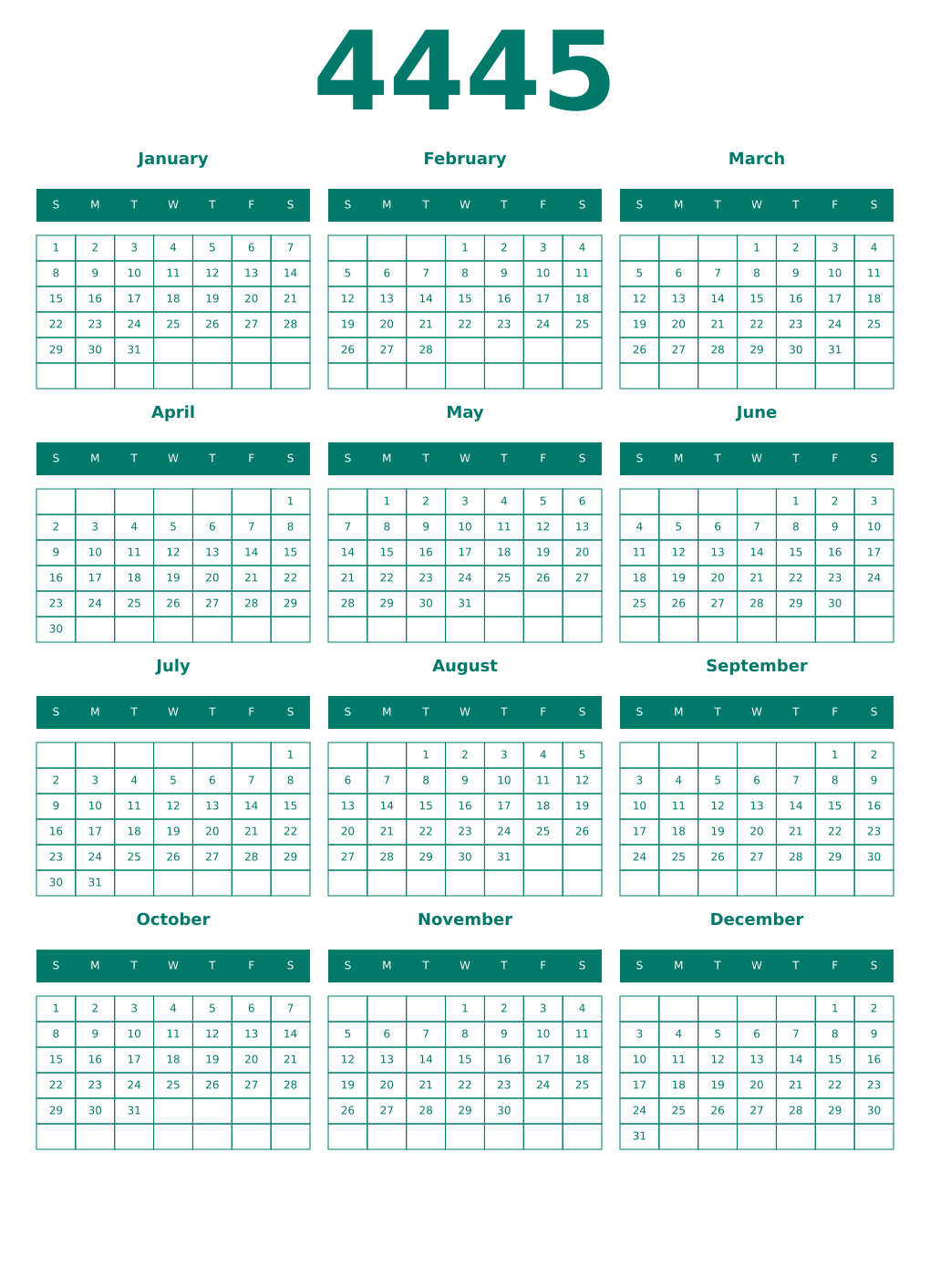 Printable 4445 Year Calendars pastel