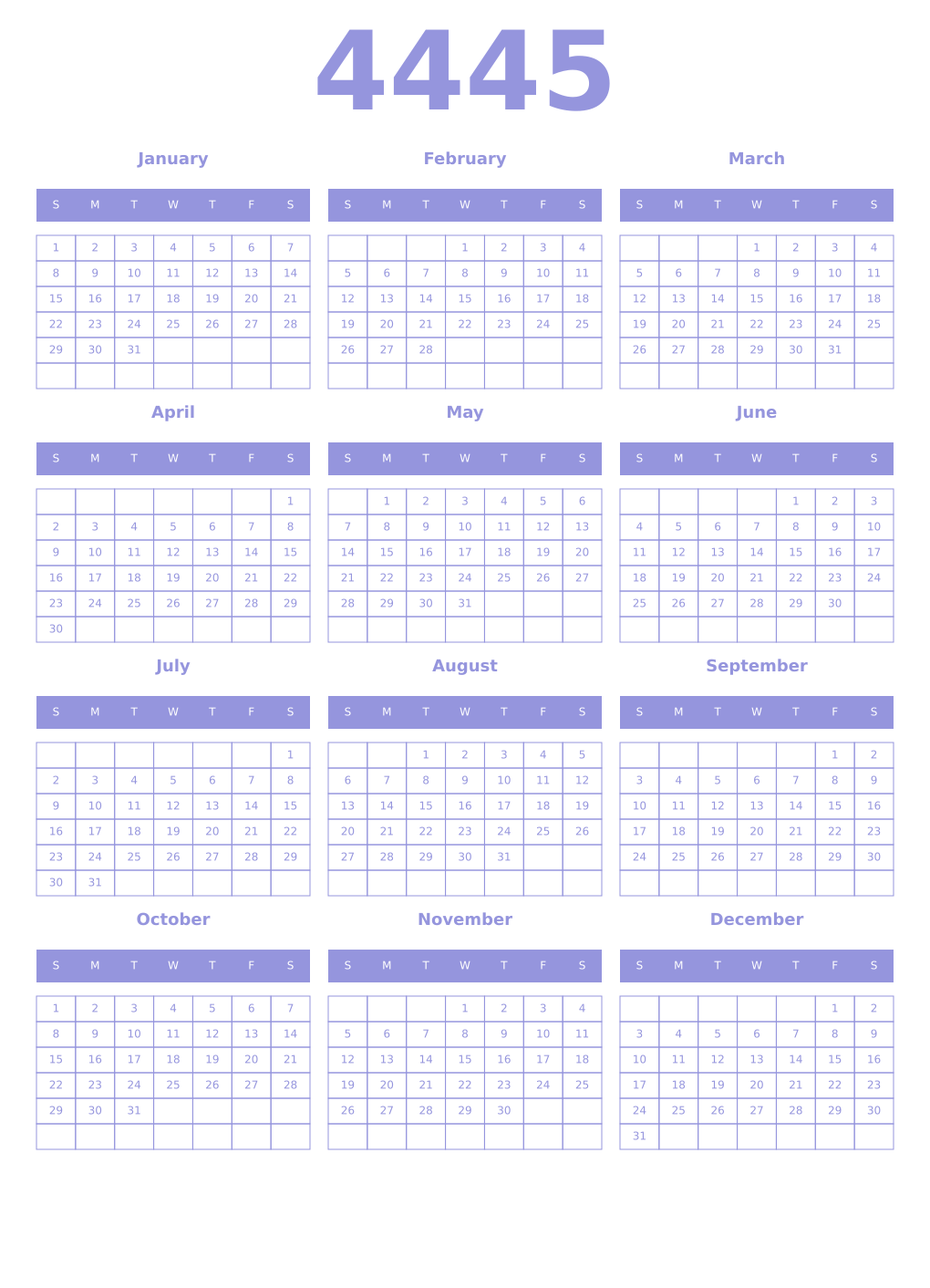 Printable 4445 Year Calendars periwinkle