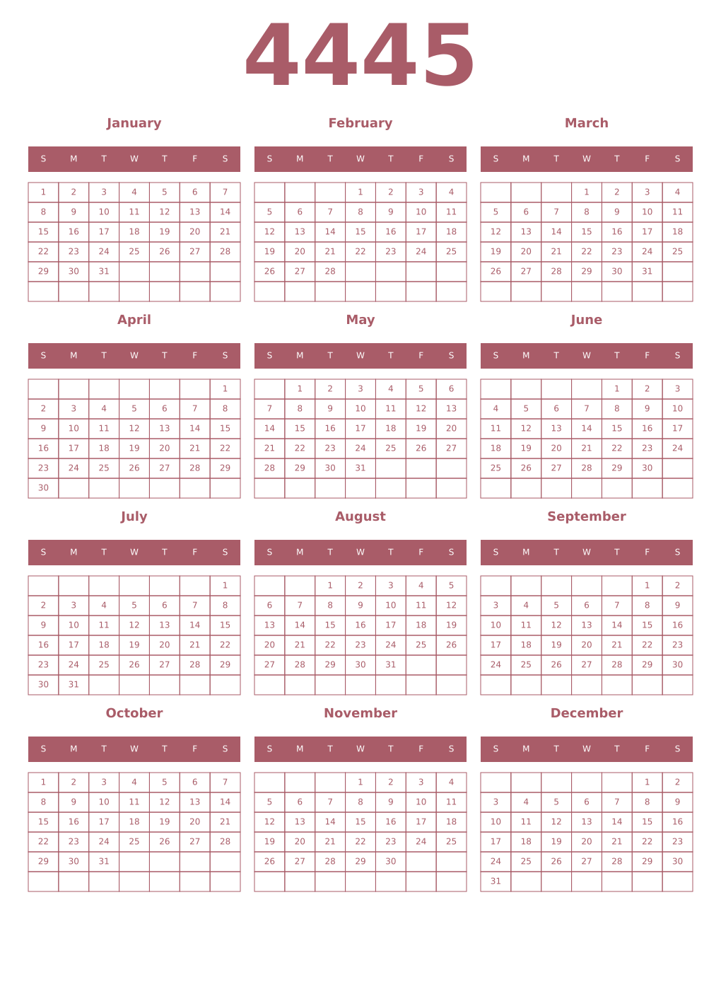 Printable 4445 Year Calendars puce