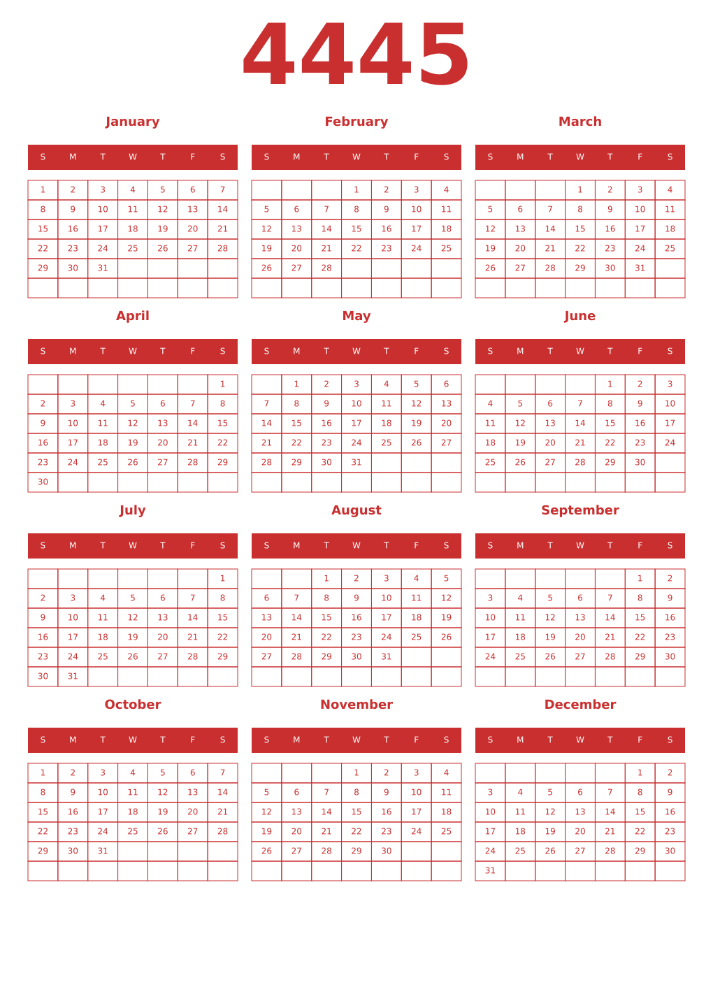 Printable 4445 Year Calendars red