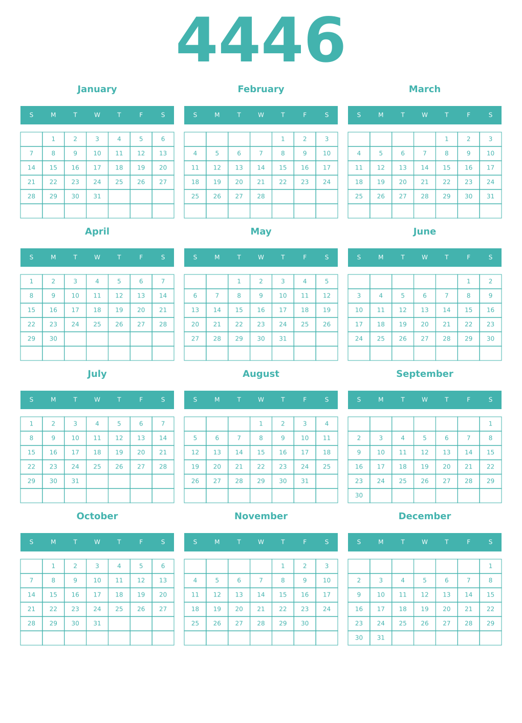 Printable 4446 Year Calendars verdigris