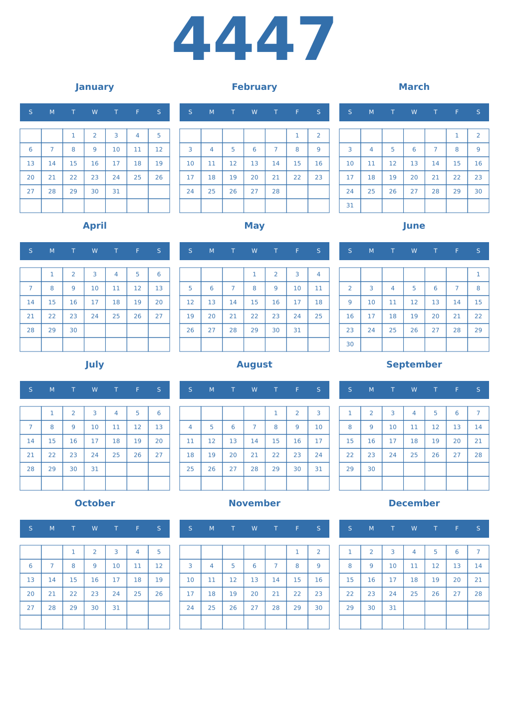 Printable 4447 Year Calendars blue